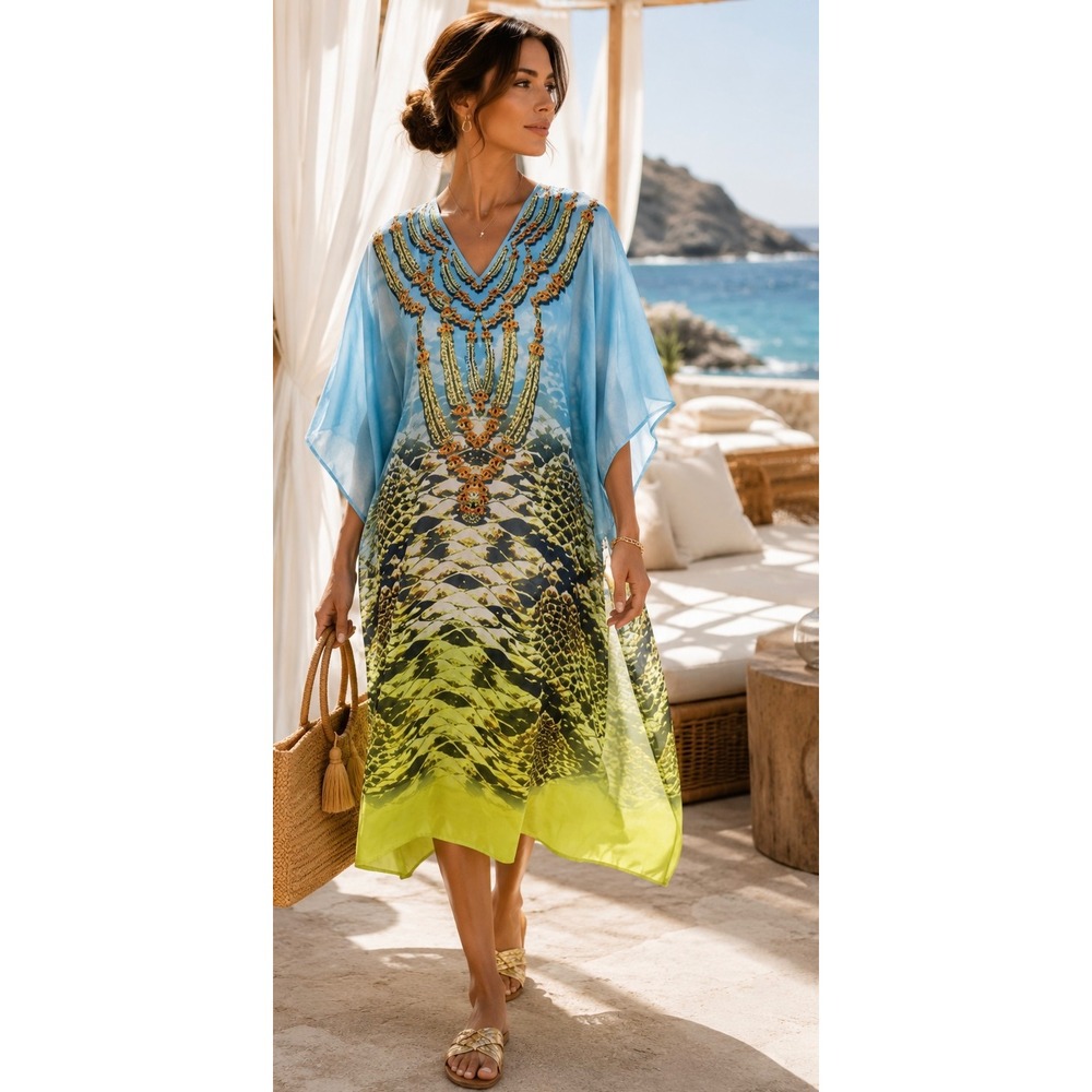 Kashkha Embellished  Caftan Dress Blue Animal Print Crystal Beaded Tunic XL